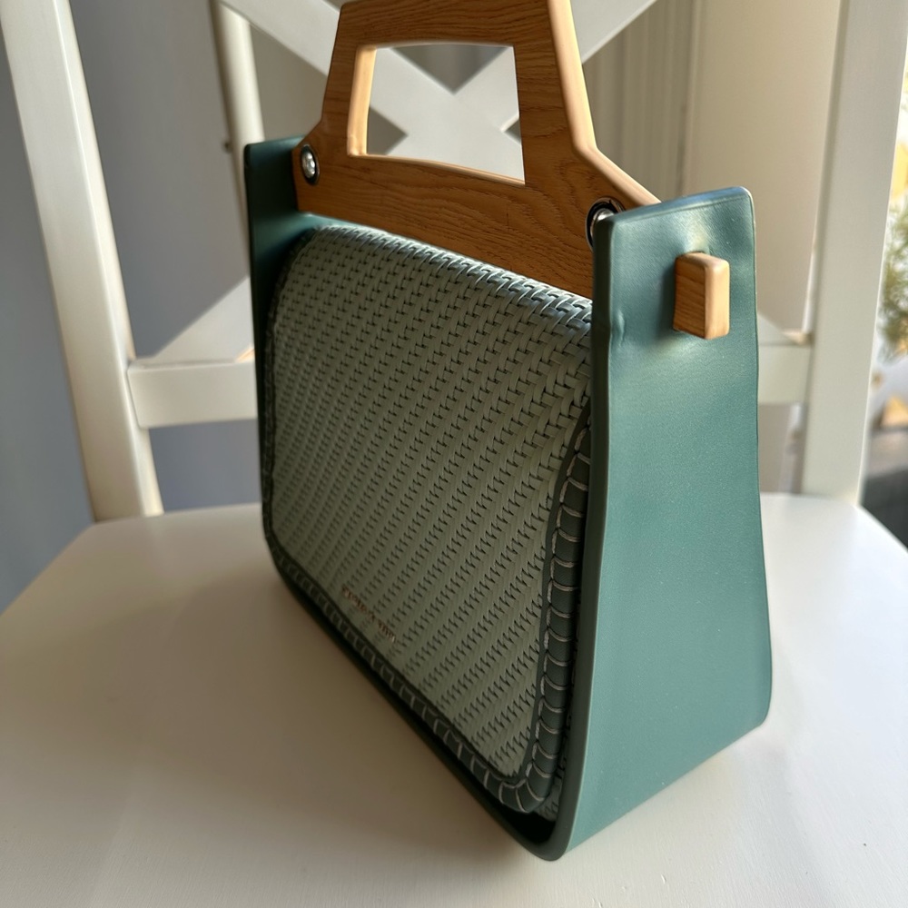*SOLD* NWOT Charles & Keith Woven Wood Effect Top Handle Crossbody Bag MintGreen - Picture 6 of 16